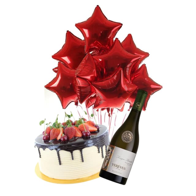 Подарочный набор BIRTHDAY STAR с воздушными шарами в виде красной звезды, вином и тортом