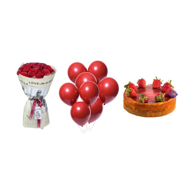 Подарочный набор RED BIRTHDAY с красным букетом роз, воздушными шарами и тортом