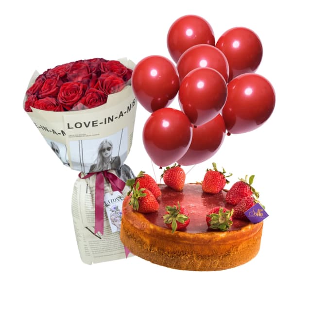 Подарочный набор RED BIRTHDAY с красным букетом роз, воздушными шарами и тортом