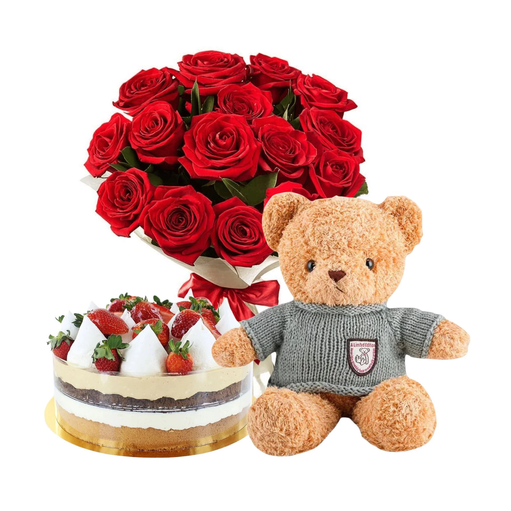 Gift Set ROMANTIC COMBO with red bouquet roses, cake and bear