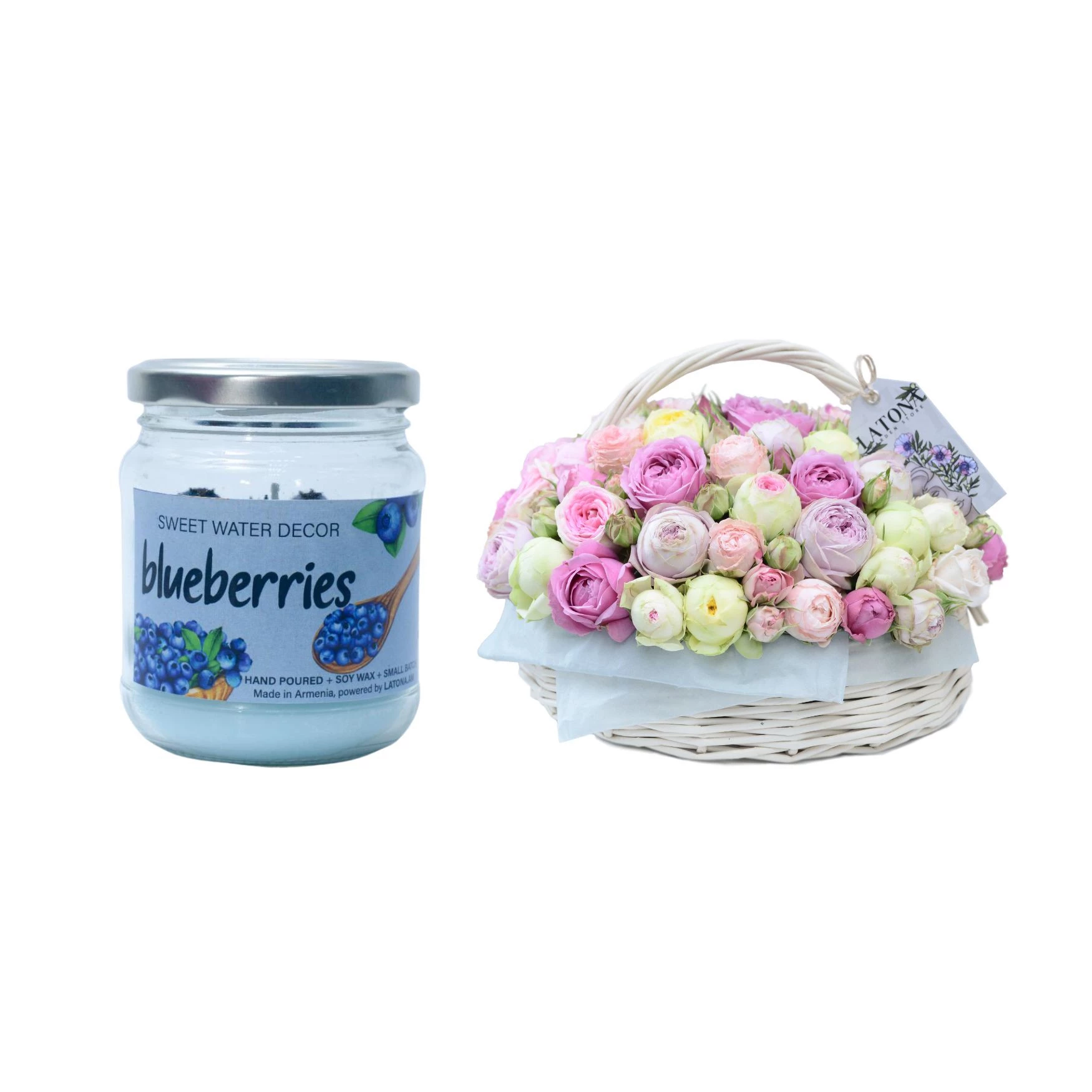 Gift Set AROMA COMBO with branded basket flowers and hand-make aroma candle