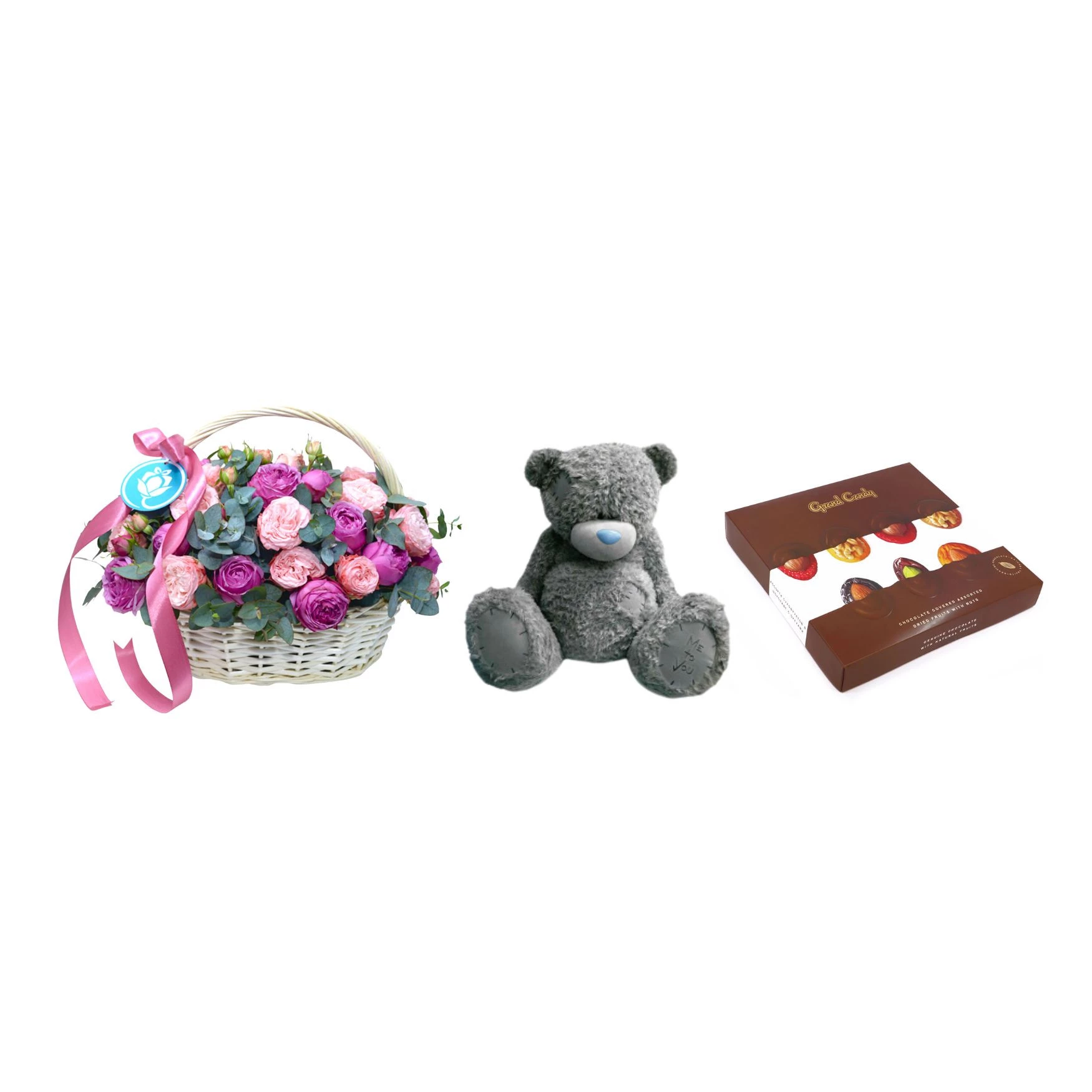 Gift Set GARDEN COMBO with flower basket, dry fruits and soft bear