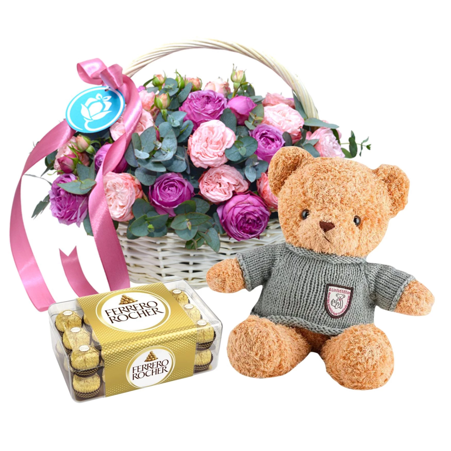 Gift Set GARDEN COMBO with flower basket, ferrero and soft bear