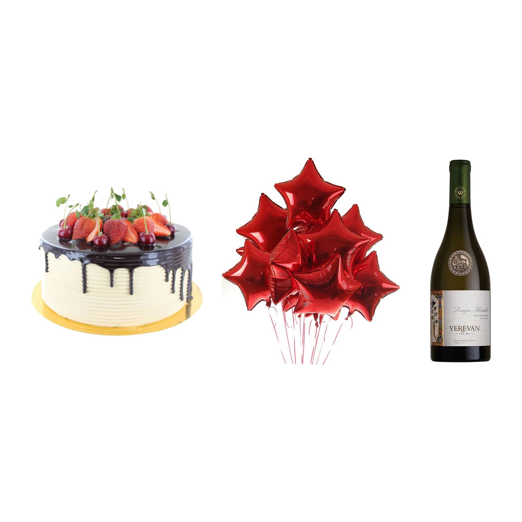 Gift Set BIRTHDAY STAR with red star balloons, wine and cake