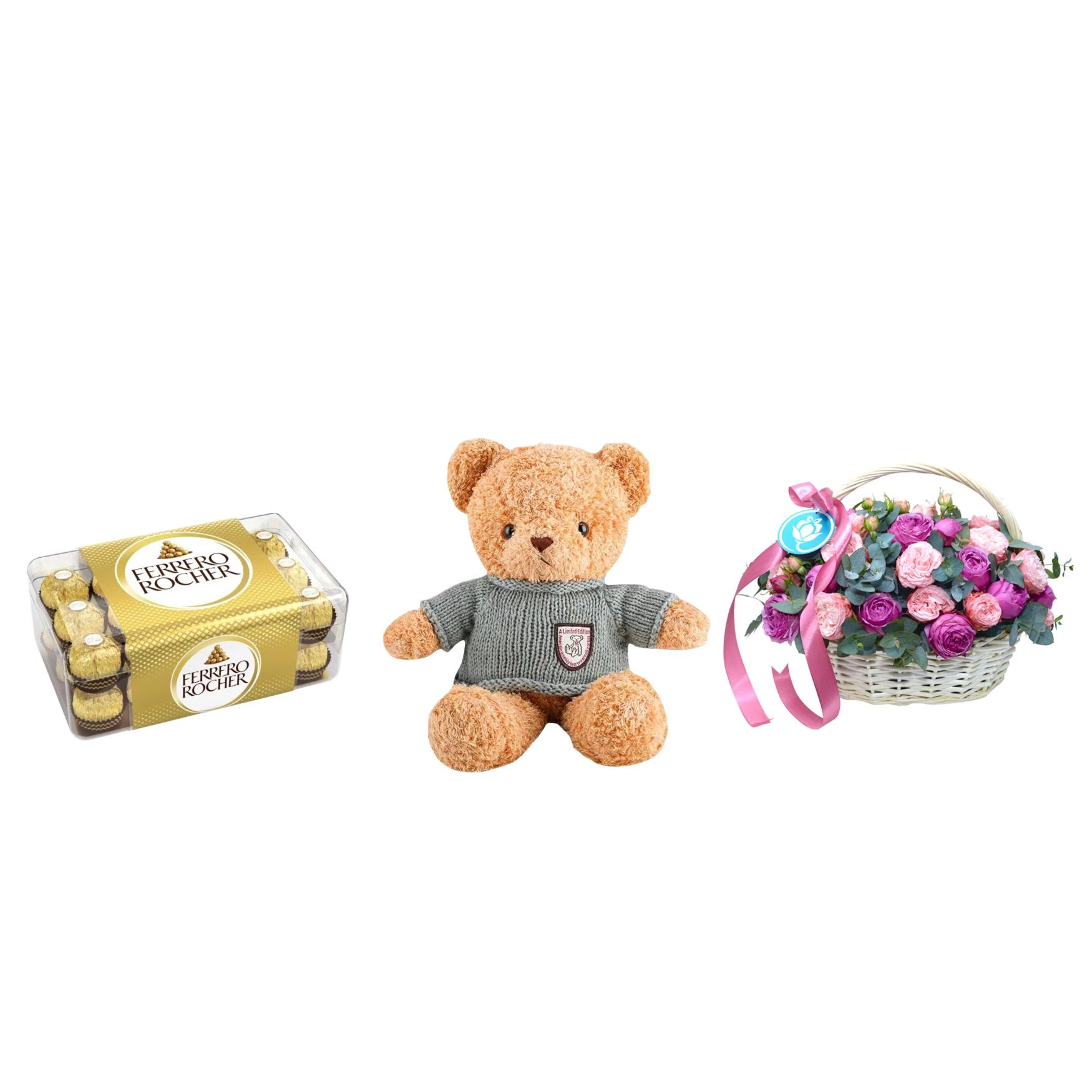 Gift Set GARDEN COMBO with flower basket, ferrero and soft bear